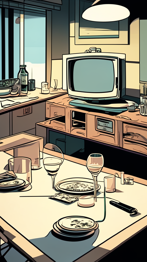 The view is at the level of the countertop and along the countertop, there is a white tablecloth on the countertop and there are plates and glasses, a room with furniture and a TV in the background, an image in the retro comic style