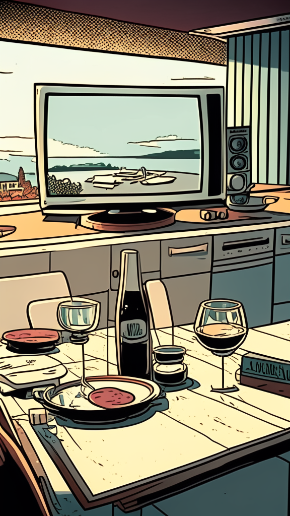 The view is at the level of the countertop and along the countertop, there is a white tablecloth on the countertop and there are plates and glasses, a room with furniture and a TV in the background, an image in the retro comic style