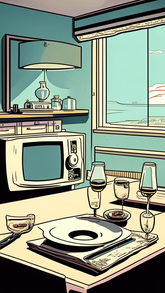 The view is at the level of the countertop and along the countertop, there is a white tablecloth on the countertop and there are plates and glasses, a room with furniture and a TV in the background, an image in the retro comic style