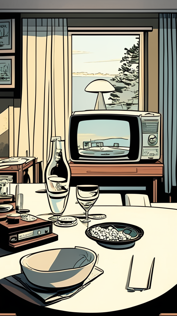The view is at the level of the countertop and along the countertop, there is a white tablecloth on the countertop and there are plates and glasses, a room with furniture and a TV in the background, an image in the retro comic style