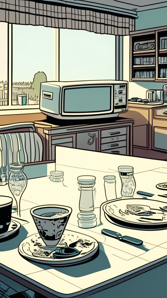 The view is at the level of the countertop and along the countertop, there is a white tablecloth on the countertop and there are plates and glasses, a room with furniture and a TV in the background, an image in the retro comic style