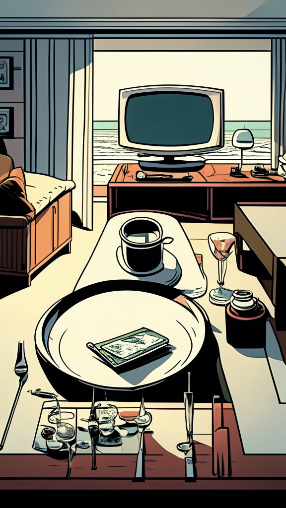 The view is at the level of the countertop and along the countertop, there is a white tablecloth on the countertop and there are plates and glasses, a room with furniture and a TV in the background, an image in the retro comic style