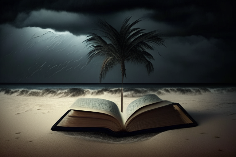 A book lying on the beach with palm trees in the background A sky filled with dark storm clouds