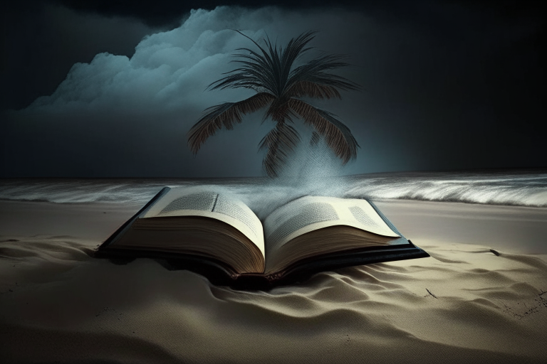 A book lying on the beach with palm trees in the background A sky filled with dark storm clouds