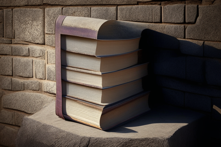 A vertical book leaning against a stone wall