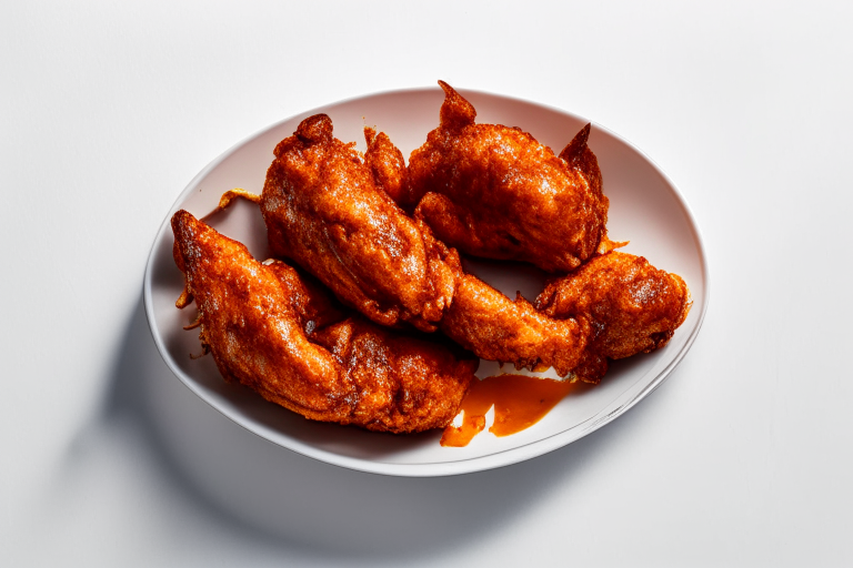 A plate of air fryer chicken wings, cooked to perfection with crispy skin and juicy meat, photographed on a plain white background under bright studio lighting