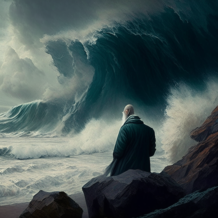 philosopher on the beach looking at the violent storm on the ocean with waves smashing into the cliffs on the edge of the  violent ocean