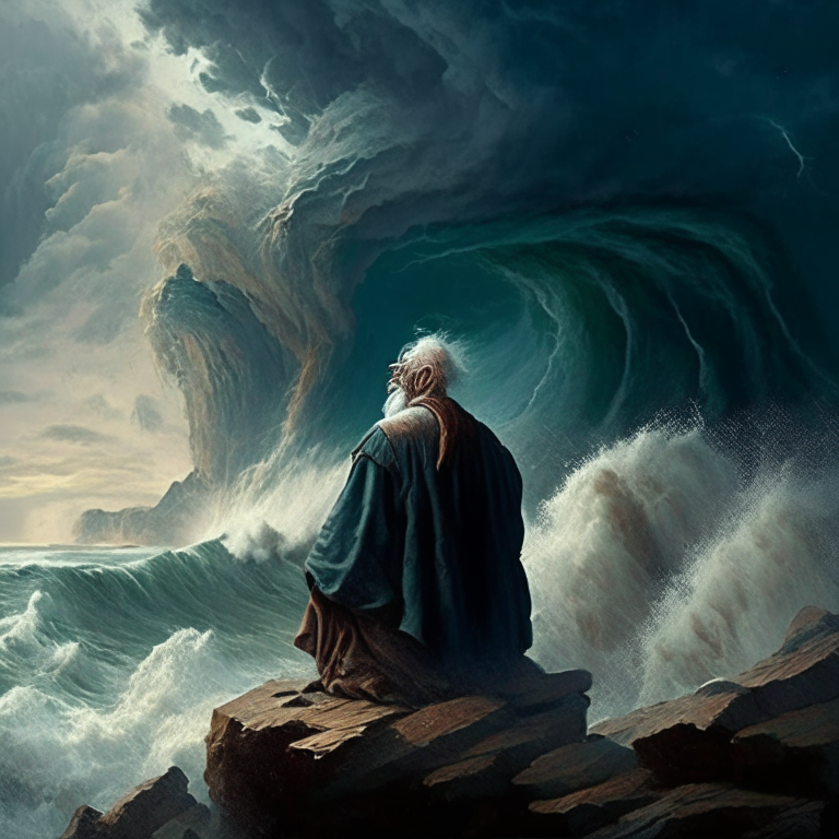 A Old and Wise philosopher is on the beach looking at the violent storm in the sky with massive waves below moving along the ocean and smashing into the cliffs on the edge of the  violent ocean