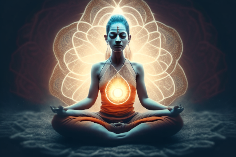 A person sitting in lotus position with their 3rd eye open as they do yoga