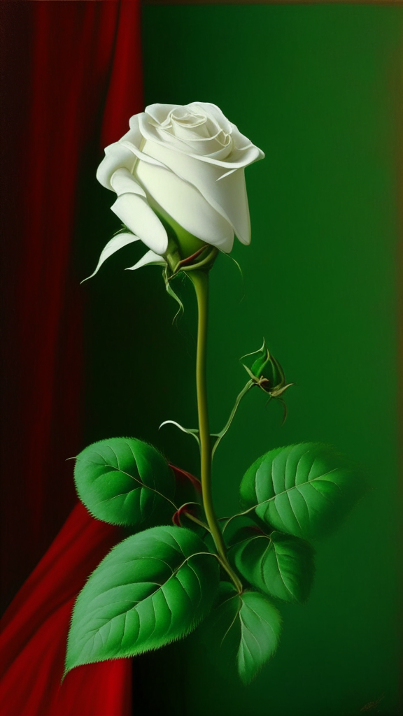 a white rose with green stem and red in a red room