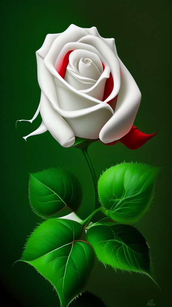 a white rose with green stem and red background