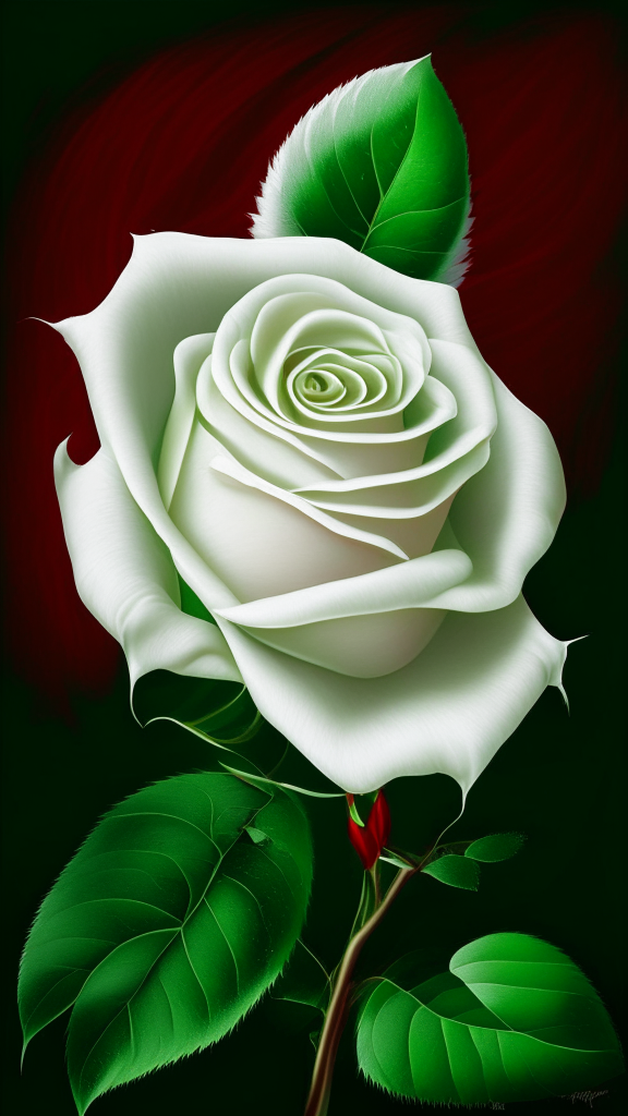 a white rose with green stem and red background