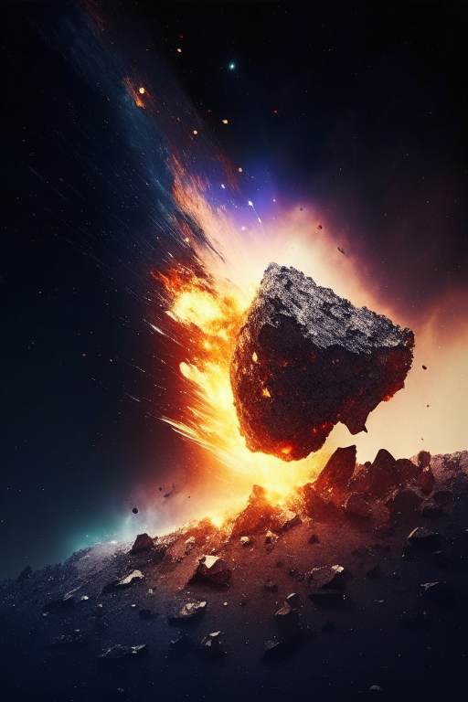 generate an asteroid starting a fire far away in the space, falling down, whit palnet eart on background