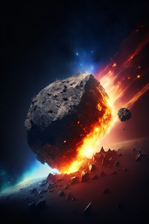 generate an asteroid starting a fire far away in the space, falling down, with planet eart on background