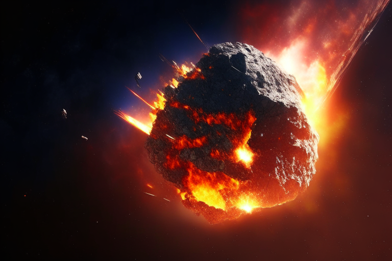 An asteroid on fire falling down towards Earth seen from space, realistic, 8k