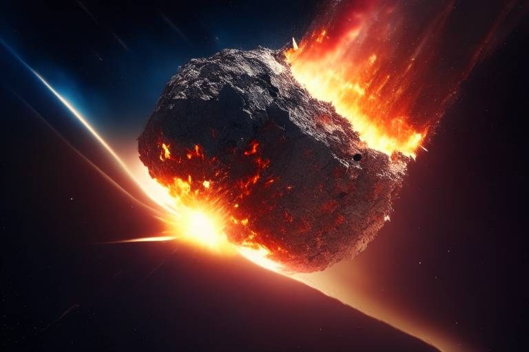 An asteroid on fire falling down towards Earth seen from space, realistic, 8k