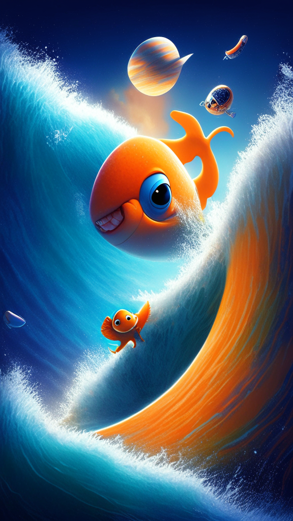 the solar system in background with Nemo the character surfing the ocean, in pixar style