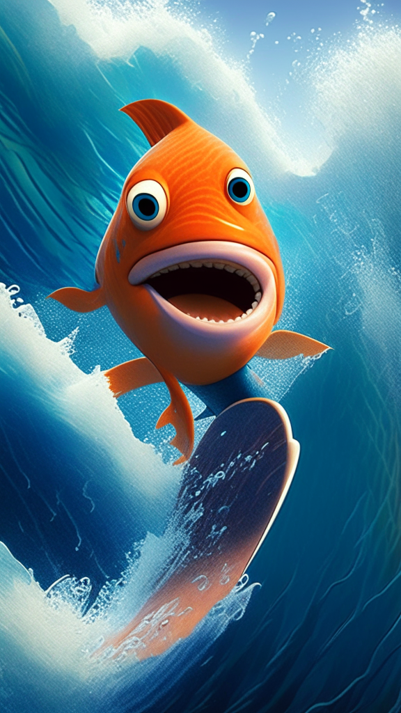 Nemo the character surfing the ocean, in pixar style