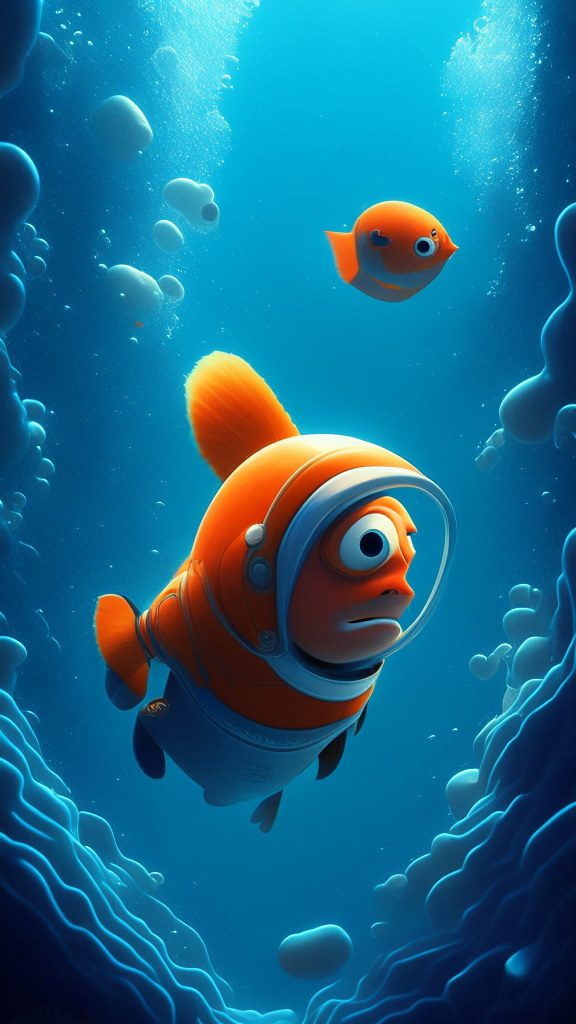 Nemo the character swimming on the space, in pixar style