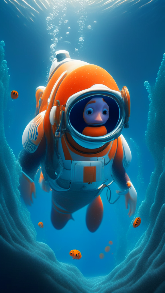 Nemo in an astronaut suit, swimming the ocean, in pixar style, high quality no distortion
