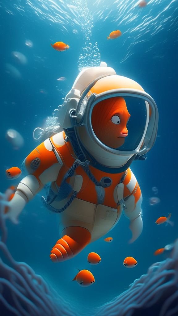 Nemo in an astronaut suit, swimming the ocean, in pixar style, high quality no distortion