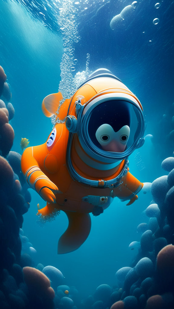Nemo in an astronaut suit, swimming the ocean, in pixar style, high quality no distortion