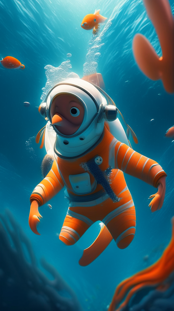 Nemo in an astronaut suit, swimming the ocean, in pixar style, high quality no distortion
