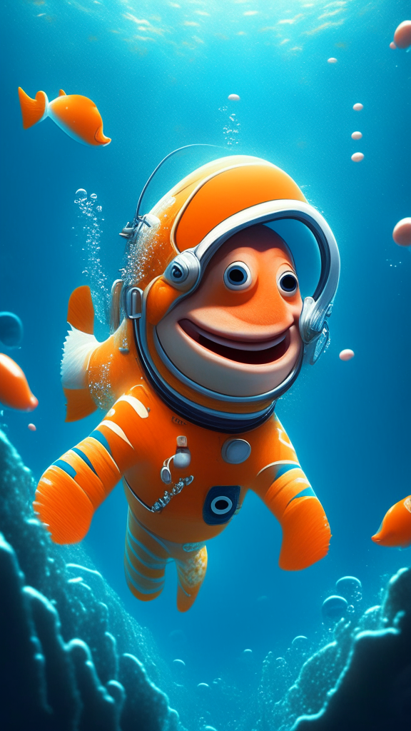 Happy Nemo in an astronaut suit, swimming the ocean, in pixar style, high quality