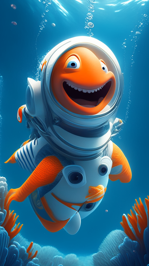 Happy Nemo in an astronaut suit, swimming the ocean, in pixar style, high quality