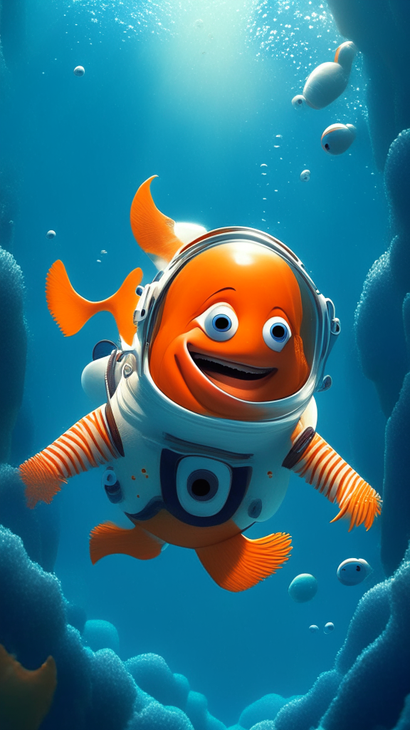Happy Nemo in an astronaut suit, swimming the ocean, in pixar style, high quality