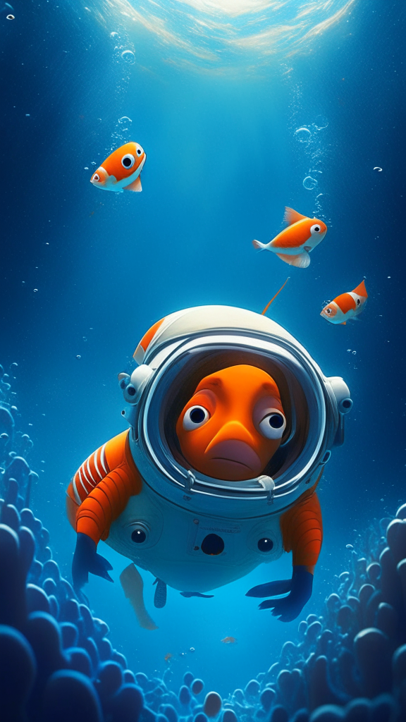 Nemo is an astronaut, swimming in the ocean, in pixar style