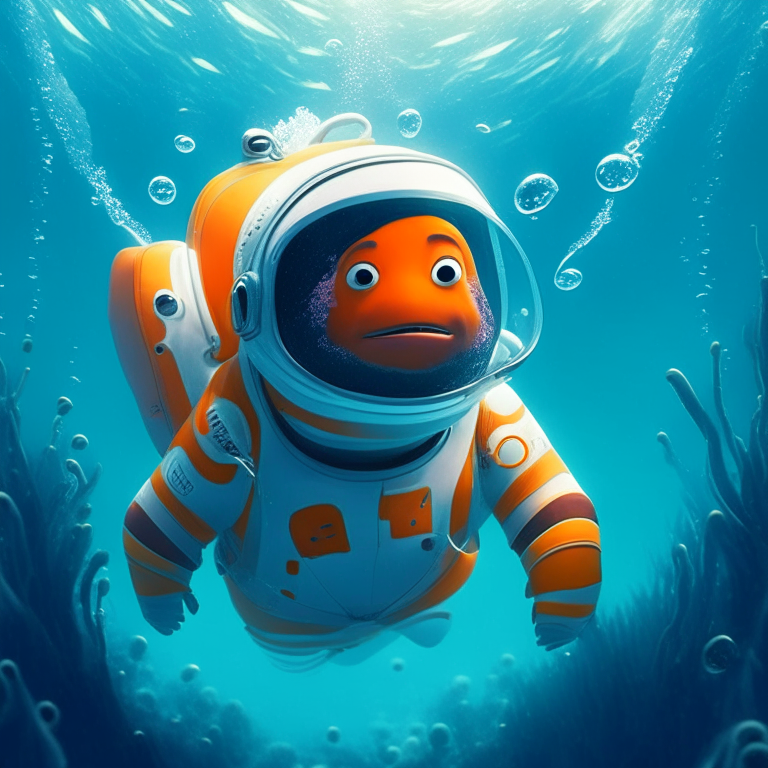 Nemo wearing an astronaut suit, swimming in the ocean, in pixar style