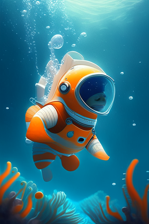 Nemo wearing an astronaut suit, swimming in the ocean, in pixar style