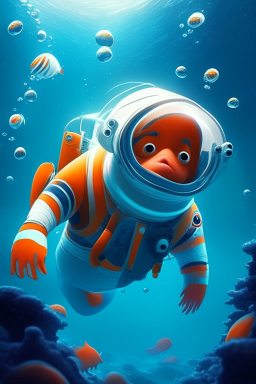 Nemo wearing an astronaut suit, swimming in the ocean, in pixar style