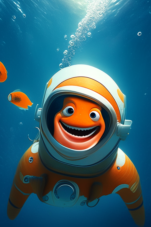 smiling Nemo wearing an astronaut suit, swimming in the ocean, face in front of camera, in pixar style
