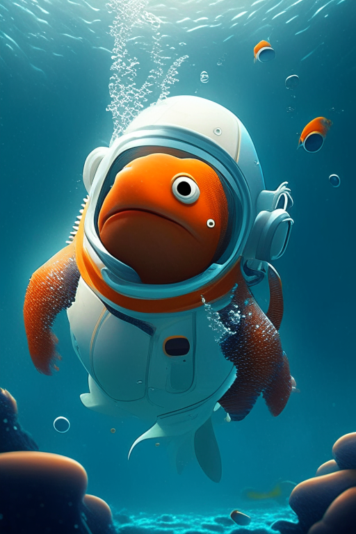 serious Nemo wearing an astronaut suit, swimming in the ocean, in pixar style