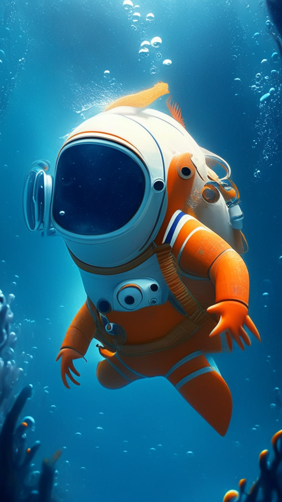Nemo the character wearing an astronaut suit, swimming the space, in Pixar style