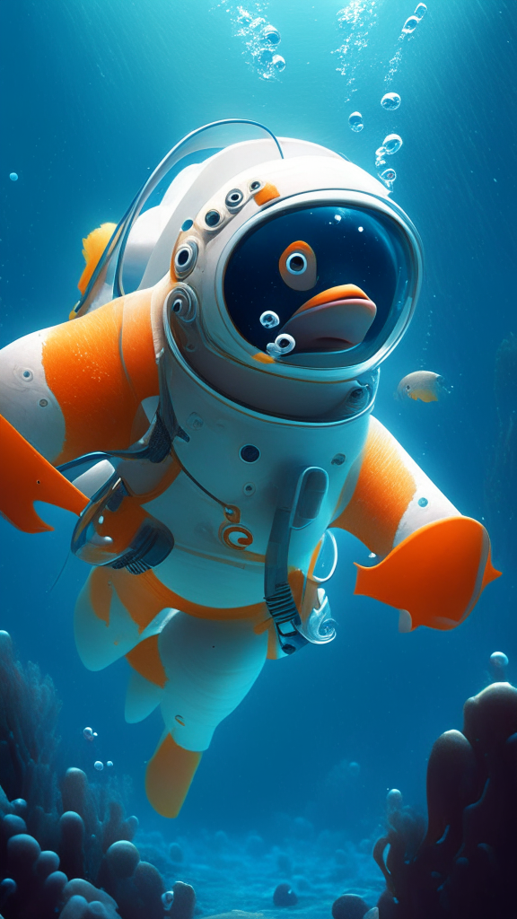 Nemo the character wearing an astronaut suit, swimming the space, in Pixar style