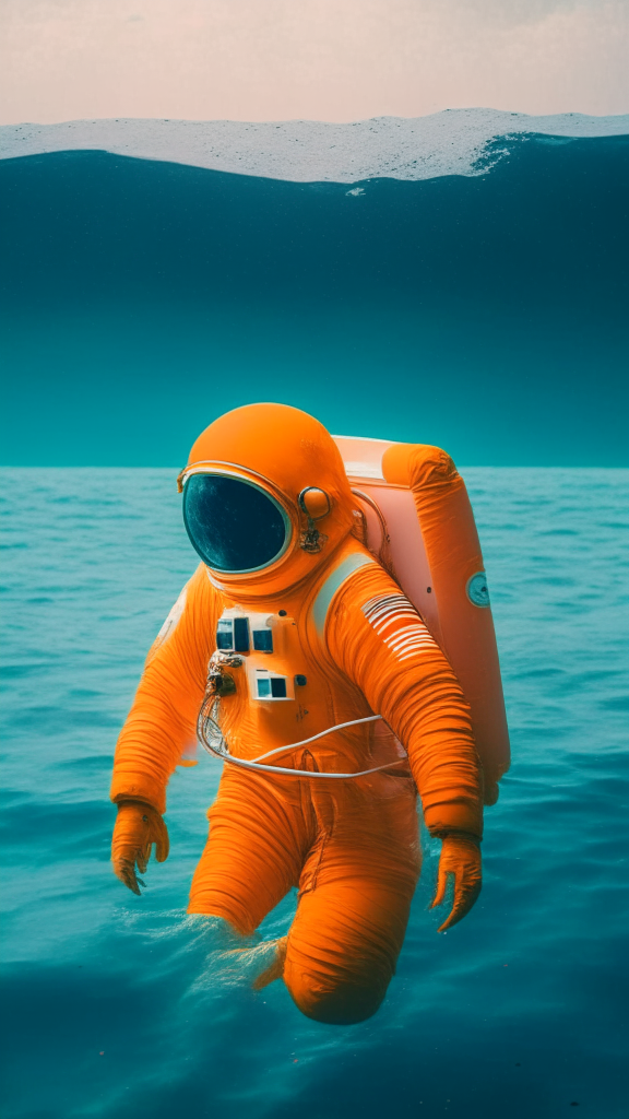 An astronaut Orange suit Is swimming the ocean