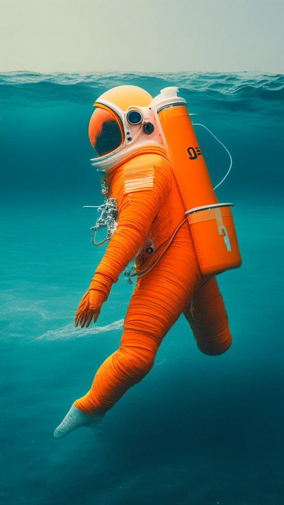 An astronaut Orange suit Is swimming the ocean