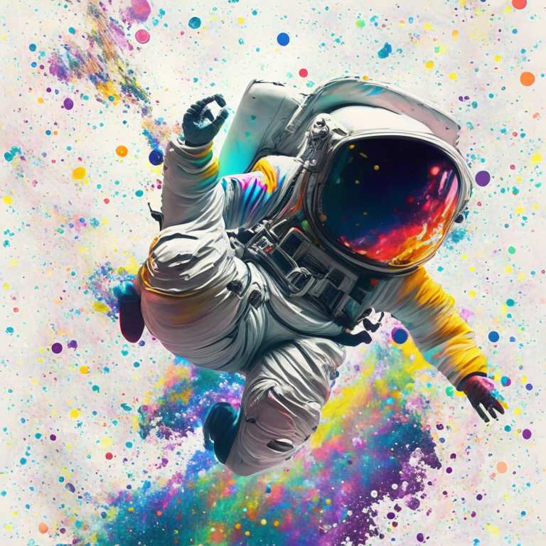 an astronaut floating in the air with his hand up, colorful space suit