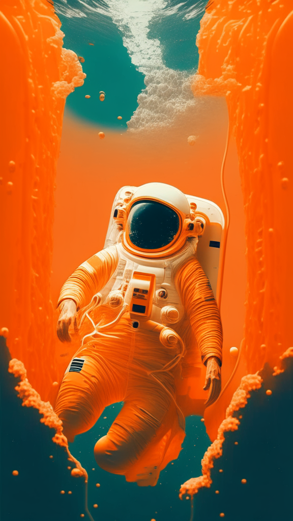 Generate an image of and astronaut in orange suite, swimming the ocean