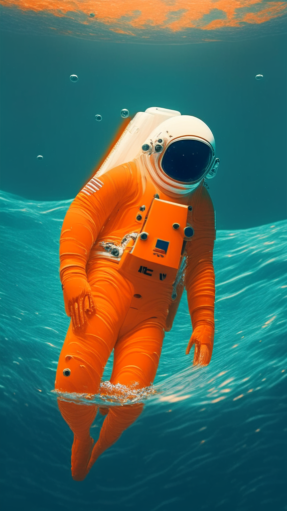 Generate an astronaut in an orange suit swimming in the ocean