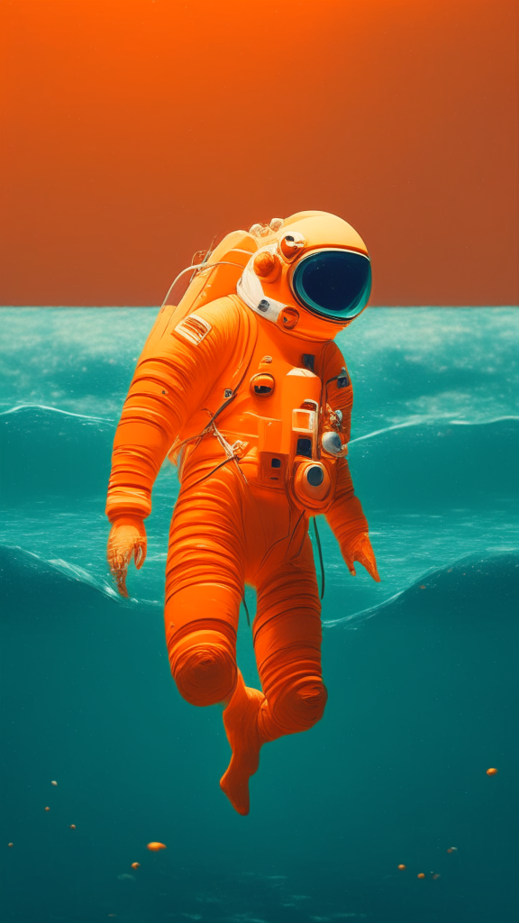 Generate an astronaut in an orange suit swimming in the ocean