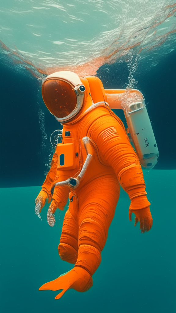 Generate an astronaut in an orange suit swimming in the ocean