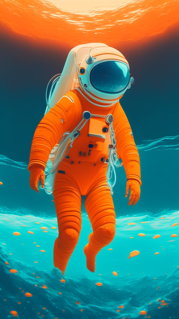 Generate an image of an astronaut in an orange suit, swimming in the ocean in Pixar style