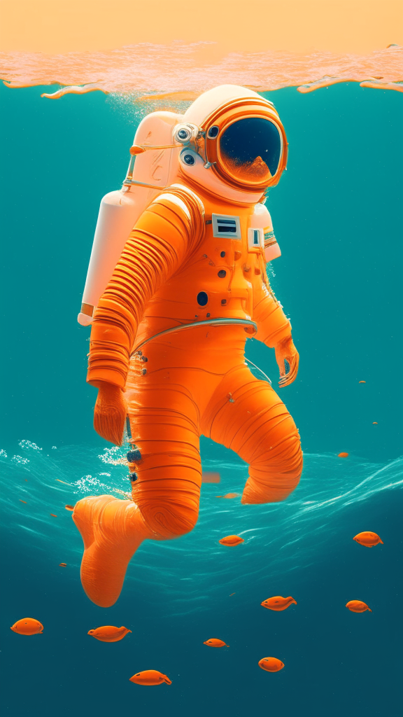 Generate an image of an astronaut in an orange suit, swimming in the ocean in Pixar style