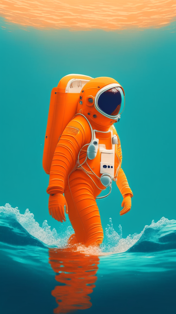 Generate an image of an astronaut in an orange suit, swimming in the ocean in Pixar style