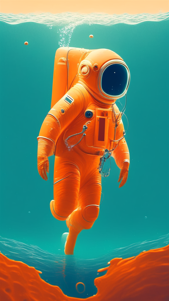 Generate an image of an astronaut in an orange suit, swimming in the ocean in Pixar style