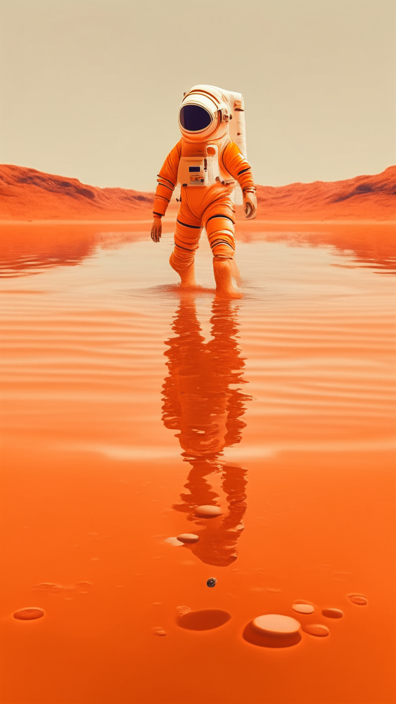 Generate an astronaut in an orange suit, walking on a water surface on Mars in Pixar style
